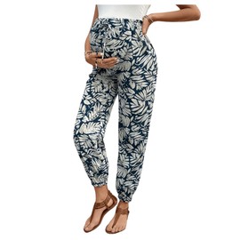 MakeMeChic Women's Maternity Pants Printed Tie Front Tapered Pregnancy Pants, Blue, Small