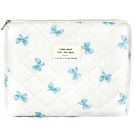 ZLFSRQ Cotton Quilted Makeup Bag for Women Girls Cute Coquette Floral Cosmetic Bag Preppy Zipper Puffy White Blue Bow Makeup Pouch for Purse Portable Travel Toiletry Bag Cloth Skincare Storage Bag