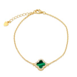 Tuscany Silver Women's Sterling Silver Yellow Gold Plated 11mm x 11mm Clover Malachite and 1mm White CZ Adjustable Bracelet 18cm/7' 20cm/8'