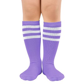 Century Star Girls Soccer Socks Kids Softball Socks Knee High Sock for Toddler Boys Baseball Sock Long Sport Stockings Cotton Football Purple with White Stripe 12-15 Years