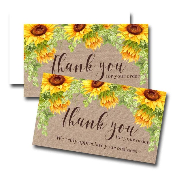 Sunflower Floral On Kraft Thank You Customer Appreciation Package Inserts for Small Businesses, 100 2" X 3.5” Single Sided Insert Cards by AmandaCreation