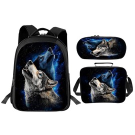 Lovira Wolf Backpack Wild Animal Bookbag 17 Inches 3PCS Set with Lunch Box Pencil Case School Bag Daypack for Kids Boys Students Teen