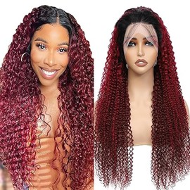 Lakaisa Kinky Curly Wig Human Hair Wig Women's Real Hair 1B/99J Tow Tone Wig Natural Brazilian Remy Hair 13 x 1 HD Lace Wig 180% Density No Smell No Tangle for Women 18 Inches