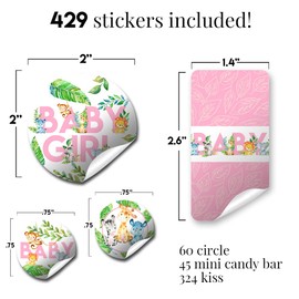 Watercolor Jungle Animals Girl Baby Shower Sticker Bundle Kit - 429 Pieces!!! Includes 60 2" Circle Stickers for Favors & Bags, 45 Mini Candy Wrappers & 324 Round Kiss Stickers by Amanda Creation