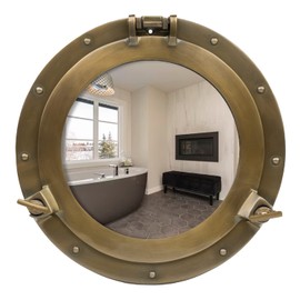 inanosa Porthole Mirror - 10 Inch Brass Finish | Nautical Wall Décor for Bathroom and Bedroom | Antique Wall Mounted Aluminium and Steel Alloy Vintage Port Hole Window Décor