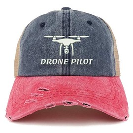 Trendy Apparel Shop Drone Pilot Embroidered Frayed Bill Trucker Mesh Back Cap - Navy RED