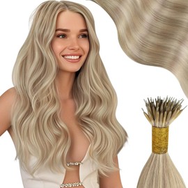 Moresoo Nano Bead Hair Extensions Human Hair Highlight Golden Blonde with Ash Blonde Nano Link Hair Extensions Human Hair for Women 20 inch 50g 50s