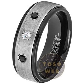 0.21ct White and Black Diamond 3-Stone Tungsten Ring - April Birthstone - 8MM Two-tone Black-plated Grey Brushed Center Stepped Edge Comfort Fit Unisex Wedding Anniversary Band -11