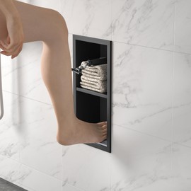 Bernkot Shower Niche, 304 Stainless Steel Wall Niche Shower Stool for Bathroom, Recessed Shower Footrest w/Over Mount Installation, No Tile Needed (Matte Black, 12.3''x6'')