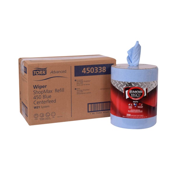 Tork Advanced 450338 ShopMax Wiper 450, Centerfeed Refill, 1-Ply, 9.9" Width x 13.1" Length, Blue (Case of 2 Rolls, 200 per Roll, 400 Towels)