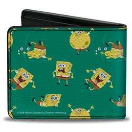 Buckle-Down SpongeBob SquarePants Wallet, Bifold, Spongebob Squarepants Poses Scattered Green, Vegan Leather, Green, 4.0" x 3.5", Casual