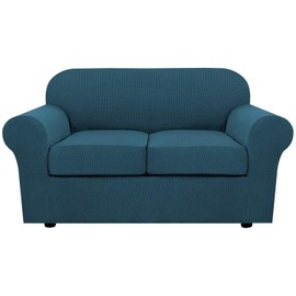 H.VERSAILTEX 3 Piece Stretch Sofa Covers for 2 Cushion Loveseat Couch Covers for Living Room Sofa Slipcovers (Base Cover Plus 2 Seat Cushion Covers) Thicker Jacquard Fabric(Medium Sofa, Deep Teal)