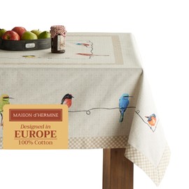 Maison d'Hermine Tablecloth, 100% Cotton, 160 cm x 220 cm, Decorative Tablecloth, Washable, Square Tablecloths for Mother's Day Gifts, Dining, Weddings, Birdies On Wire - Spring/Summer