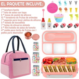 Bento Box Fiambrera, Contenedores para Adultos, Hombres y Mujeres con 4 Compartimentos, Contenedor de Comida para Almuerzo con Utensilios, Tarro de Salsa, Copa de mafín,Bolsa del Almuerzo (ROSA)