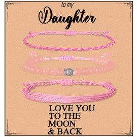 QOGIR Daughter Love You Forever Bracelets,Natural Rose Quartz Adjustable String Braceletm, Birthday Christmas Gifts for Daughters Girls Teen