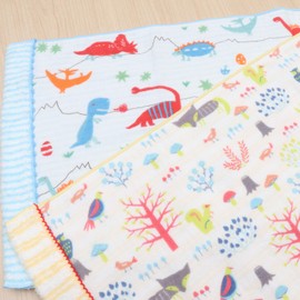 isso ecco Imabari Towels, Face Towels, Set of 4, Gauze, 13.0 x 31.5 inches (33 x 80 cm), Printed, Moori, Dinosaur Pattern, Made in Japan (Assorted 4 Colors)