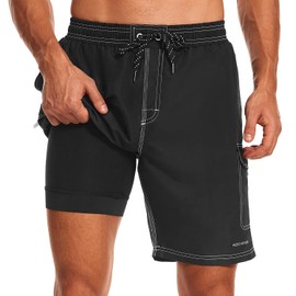 HODOSPORTS Mens Swim Trunks with Compression Liner 9 inch Bathing Suit Quick-Dry Swim Shorts Cargo Pockets S-4XL Black 3XL