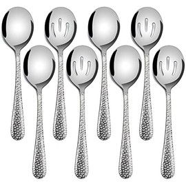 Hammered Serving Spoons, E-far 8-Piece Metal Serving Utensils Set - Solid Spoons x 4, Slotted Spoons x 4, Stainless Steel Hostess Serving Tablespoons Set for Catering Buffet Party Kitchen Restaurant