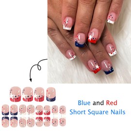 Independence Day French Tips Press on Nails Short Square Fake Nails Stars Polka Dot False Nails 4th of July Full Cover Glue on Nails for Women Girls Patriotic Nail Art Decoration 24Pcs