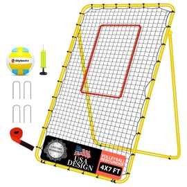5-Angle Adjustable Volleyball Rebounder Net 7x4ft, Durable & Portable Bounce Back Training Equipment for Practicing Volleying Bumping Spiking with High-Tension Net, PU Volleyball, Pump, Stakes