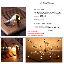 Lxcom Lighting 4W Half Chrome Gold LED Light Bulb(4 Pack), G45/G14 E14 Base Dimmable Gold Tipped Vintage LED Filament Bulbs Warm White 2700K Decorative Globe Bulbs