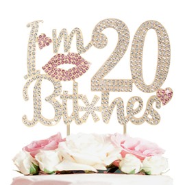 LASKYER - Decoración para tarta con diamantes de imitación dorados y rosados con texto en inglés «I'm 20th Funny Birthday Cheers to 20 Years Old Twenty Bday Party Metal Sparkly Food Centerpieces Decoración