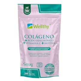 Wellthy Colageno Hidrolizado 220 Cápsulas con Ácido Hialurónico, Vitamina C, Magnesio Marino y Biotina. Bottle Free.