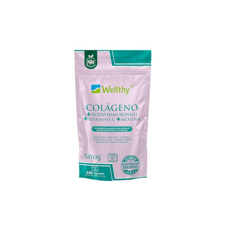 Wellthy Colageno Hidrolizado 220 Cápsulas con Ácido Hialurónico, Vitamina C,