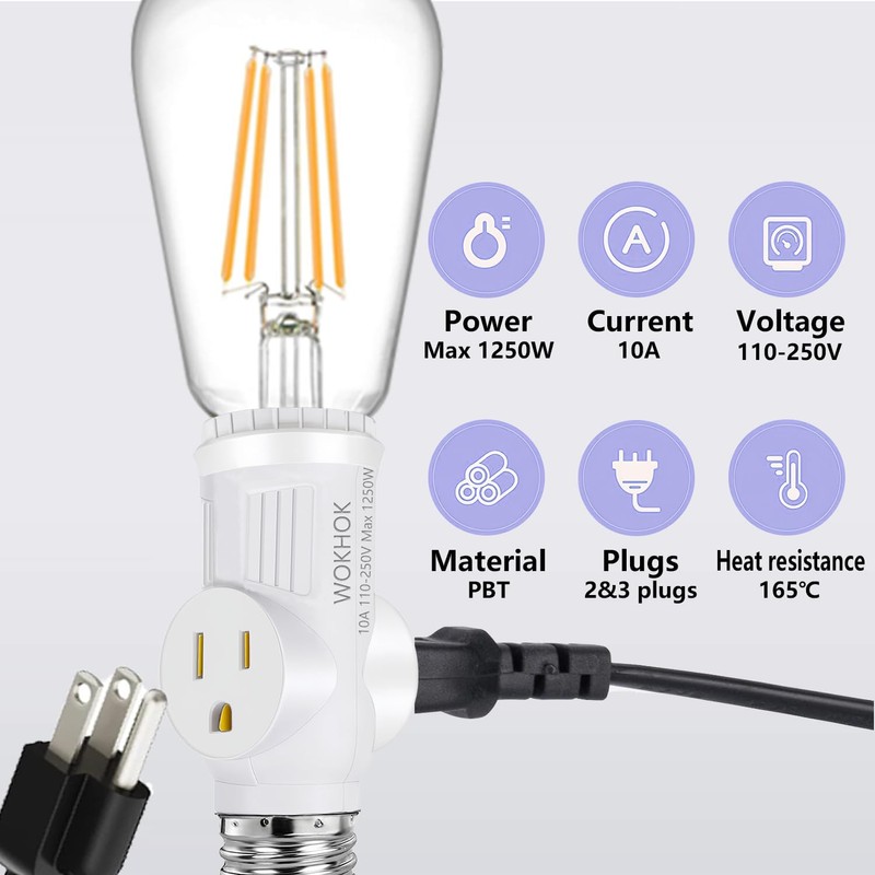 Light Socket to Plug Adapter,Convert E26 Light Socket to 2/3