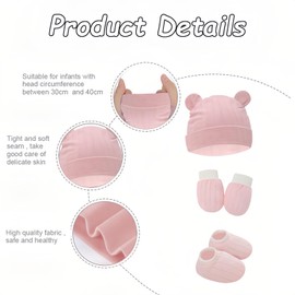 Taoluwin Baby Hats Mittens Socks Set, 3Pcs Cotton Infant Caps with 3 Pair Newborn Baby Mittens and Socks, Newborn Accessories Set (Bear Ear)