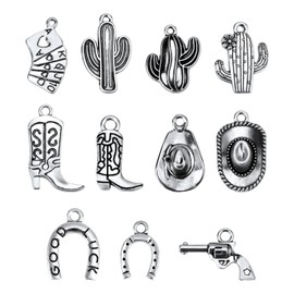 100g Western Cowboy Charms Set, 11 Styles Mixed Antique Western Charms Alloy Western Silver Cowboy Pendants Metal Western Charms Jewelry for Necklaces Bracelets Earrings Jewelry Making