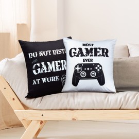 Gamer Cushion Cover Funny Game Cushion Covers Black and White Cushion Covers for Games Fan Video Game Theme Party Christmas Decor (40 x 40 cm) Pack of 2