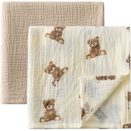 Little Jump 2-Pack Cotton Muslin Swaddle Blankets for Baby Boys Girls Unisex - Boho Teddy Bear Baby Blanket Nursery Swaddling Blankets- Large 47 x 47 inches Receiving Blanket Neutral (Teddy Bear)