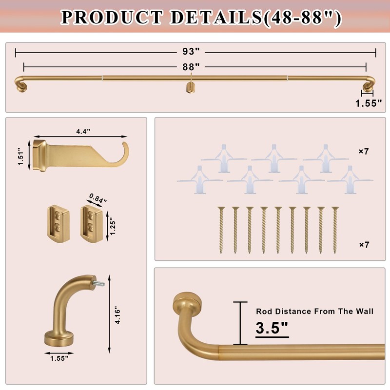 Warm Gold Curtain Rods 2 Pack,1 Inch Disc Curtain Rods