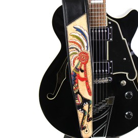 Walker And Williams KB-56-TN Handmade 3" Wide Black Padded Guitar Strap With Carved Kokopelli Design On Premium Tan Leather For Acoustic, Electric, And Bass Guitars