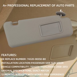 Dasbecan Front Right passenager Side Sun Visor with Light Compatible with Toyota Highlander 2008-2013 74320-0E050-B0 (Gray)