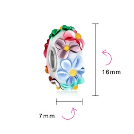 3D Multicolor Flower white Murano glass Lampwork Bead Charm .925 Sterling Silver