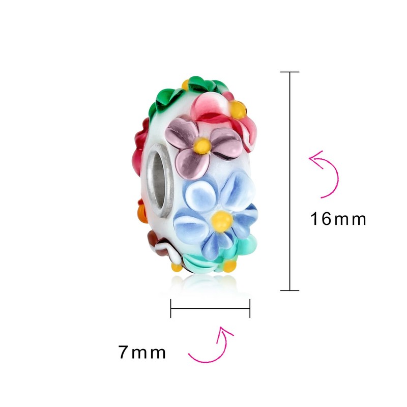 3D Multicolor Flower white Murano glass Lampwork Bead Charm .925