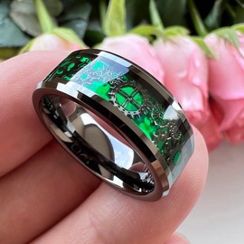 TUTISS 8mm Gunmetal Tungsten Rings for Men Women Wedding Bands Green Carbon Fiber Steampunk Gear Inlay Beveled Edges Comfort Fit Size 15