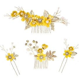 4 Piece Set Hair Ornaments, Coming-of-Age Ceremonies, Japanese Style Flower Ornaments, Kimono, Hair Accessories, Coming-of-Age Ceremonies, Shichi-Go-San Festivals, Summer Festivals, Mother's Day, Graduation Ceremonies, School Entrance Ceremonies, Fireworks Festivals, Kimonos, Weddings, Brides, Receptions, Yukata, Kimono (Yellow)