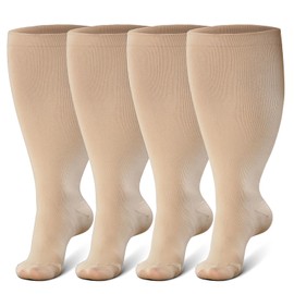 PUTUO Plus Size Compression Socks: Wide Calf Graduated Compression Stockings for Men Women - Large Flight Socks for Support Travel Pregnancy Edema Nurses Seniors 20-30 mmHg Beige 3XL 2Pairs