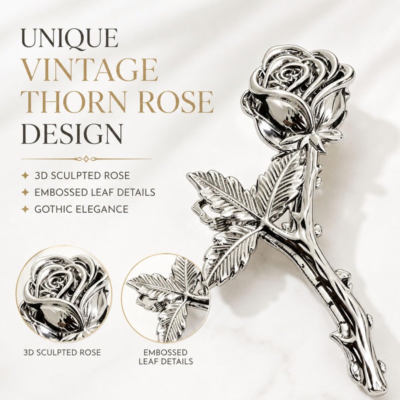 Silver Rose Metal Hair Claw Clips Vintage Leaf