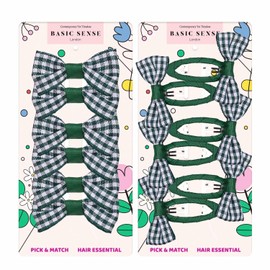 Basic Sense 12pcs Gingham Check Bow School Hair Set, Ribbon Snap Clips & Hair Elastics Ties for Girls School Uniform, Dark Green