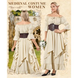 IEEILULU Women Renaissance Medieval Costume - Peasant Irish Victorian Gothic Off Shoulder Ruffle Fairy Maxi Dress 4 Pcs Beige L
