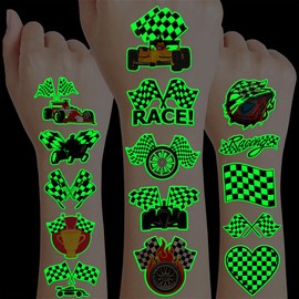 96 PCS Funny Race Car Checkered Flags Pre-Cut Temporary Tattoos for Kids Themed Birthday Party Supplies Decorations Decor Favors Black and White Racing Tattoo Stickers (Luminous)