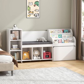 Winkalon 67” Kids Bookshelf and Bookcase, Reading Nook with Bench, Modern Kids Bookshelf with Seat Cushion and 6 Storage Cubbies, Toy Storage Box on Wheels, Toy Chest for Nursery, Classroom White