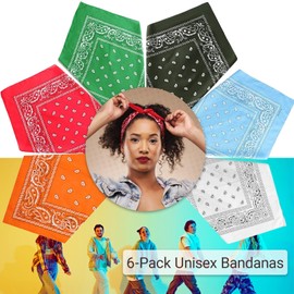 Zhuxing 6-Pack Bandana Set - Unisex Soft Polyester Bandana Headband & Neckerchief for Motorcycle, Hiking, Cosplay (Black/White/Red/Blue/Green/Orange)