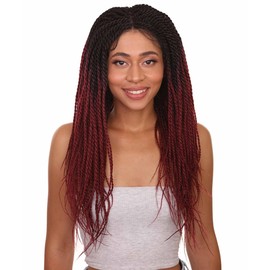 LUXLUXE Nikkita Straight 25 Inch Long 4X4 Hand-Tied Lace Braided Wig, Heat Resistant Fiber, (Black to Burgundy Ombre)