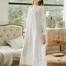 Homgro Women's Victorian Nightgown 3/4 Sleeve Frilly Cotton Night Gown Sleep Dress Pleated Lace Maxi Old Fashioned Princess Vintage Ruffle Nightdress Square Neck White Small
