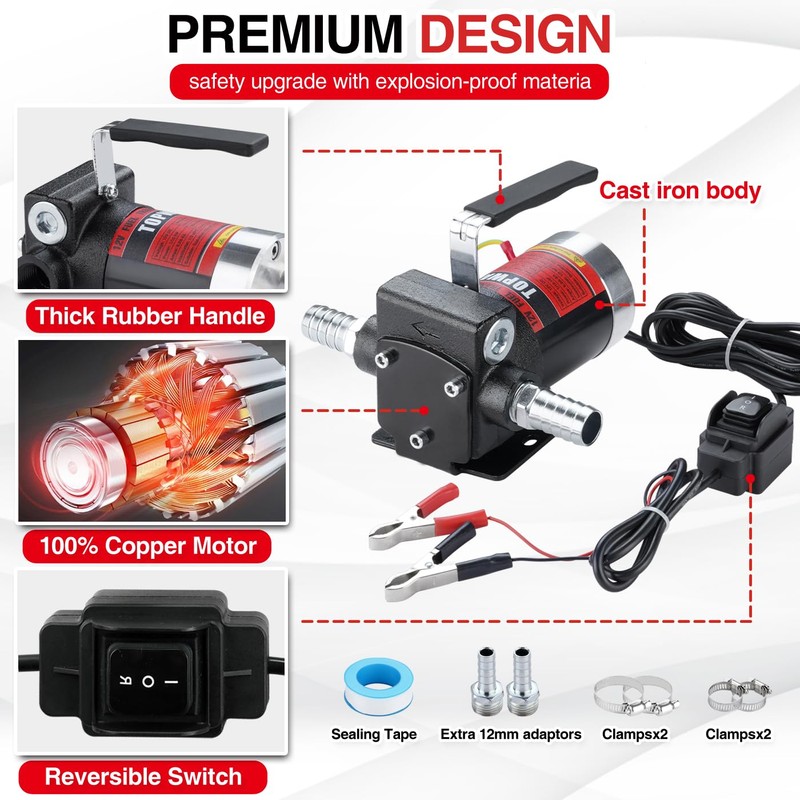 TOPWAY 12V DC Gasoline Fuel Pump 3.7GPM Self-priming Oil Transfer